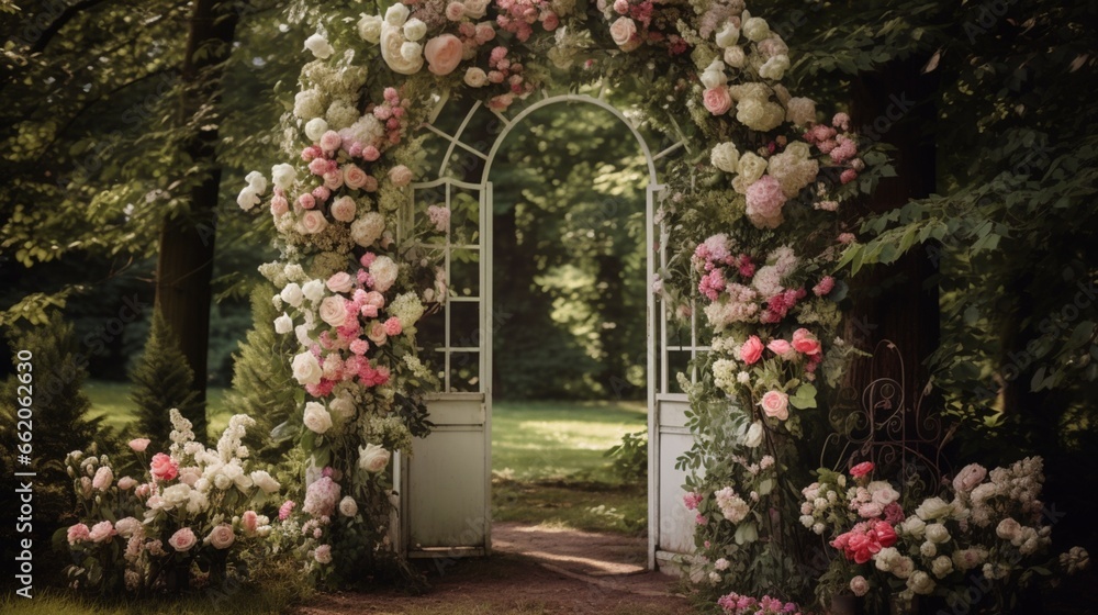 Whimsical outdoor wedding ceremony with a vintage door arch, creating a picturesque entrance for the bride
