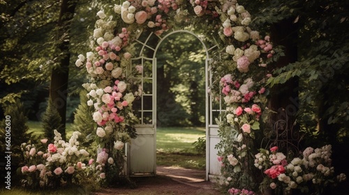 Whimsical outdoor wedding ceremony with a vintage door arch, creating a picturesque entrance for the bride © Nairobi 