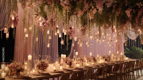 Whimsical wedding decor with hanging fairy lights and cascading flowers, adding a magical touch to the celebration photo