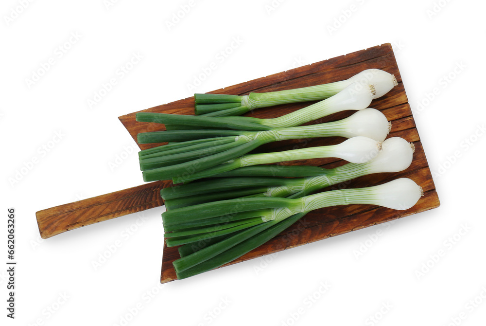 Whole green spring onions isolated on white, top view