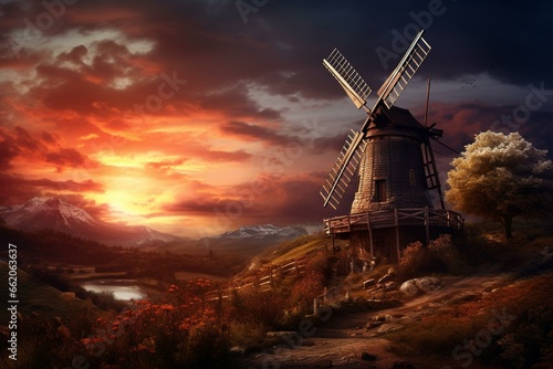 Evening windmill with picturesque background. Generative AI