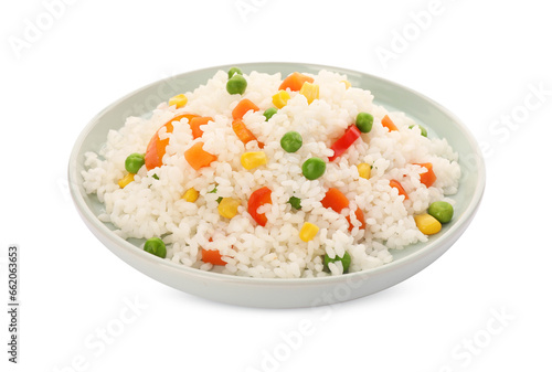 Delicious rice with vegetables isolated on white