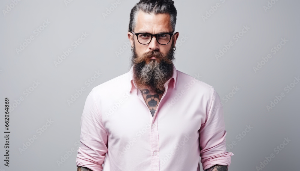 Obraz premium Confident and Handsome Hipster Guy with Beard and Glasses: A Trendy Studio Portrait of a Serious Caucasian Adult Expressing Coolness