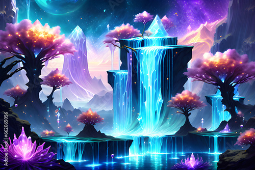 An astral landscape featuring celestial waterfalls that flow with liquid stardust