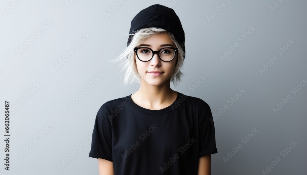 Cheerful Hipster Caucasian Woman: A Closeup Portrait of a Beautiful Blonde with Glasses, Smiling in Casual T-Shirt Style in a Studio Isolated Setting - obrazy, fototapety, plakaty 