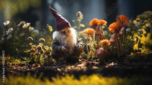 An adorable garden gnome in a garden. Generative AI. 