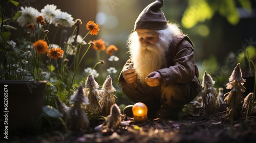 An adorable garden gnome in a garden. Generative AI.  photo
