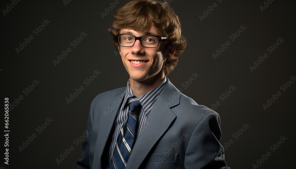 Smiling Young Adult Hipster Nerd in Business Suit: A Conceptual Studio Portrait of a Handsome Caucasian Male Model with Glasses, Standing Against a Black Background Smiling Young Adult Hipster Nerd in Business Suit: A Conceptual Studio Portrait of a Handsome Caucasian Male Model with Glasses, Standing Against a Black Background