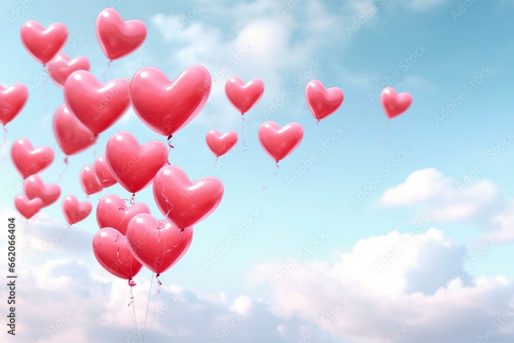 Valentine's day and affection. Heart-shaped balloons floating in the air. Generative AI