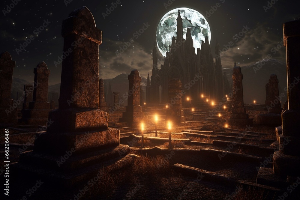 eerie graveyard under large moon with candles by ancient tombstone. Generative AI