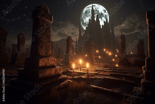 eerie graveyard under large moon with candles by ancient tombstone. Generative AI