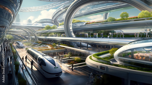 A futuristic transportation hub, with high-speed trains, autonomous vehicles, and passengers on efficient commutes, symbolizing the future of urban mobility
