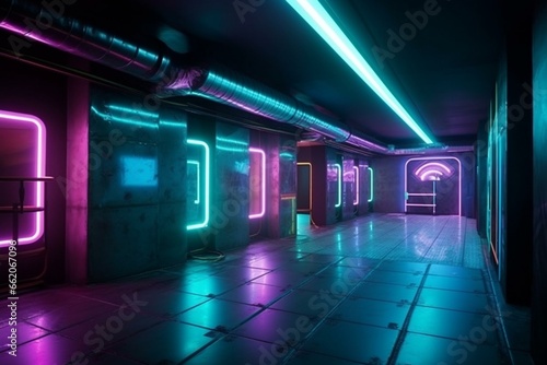 Futuristic club atmosphere adorned with neon lights and concrete walls. Generative AI