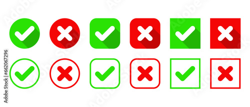 Checkmark and cross icon vector set collection. Check, tick, and x mark sign symbol