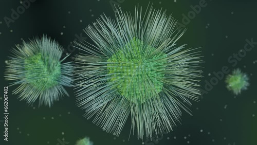 Mimivirus is a genus of giant viruses, in the family Mimiviridae. A single identified species named Acanthamoeba polyphaga mimivirus or APMV. It has a capsid and protein filaments, 3d rendering photo