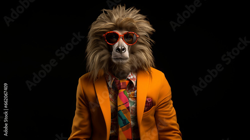Löwe Cartoon Tiere als Geschäftsmann im Anzug verkleidet schaut cool in die Kamera im Querformat für Banner und Poster, ai generativ © www.freund-foto.de