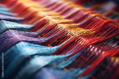 Macro shot of multicolored threads interwoven in a textile loom photo
