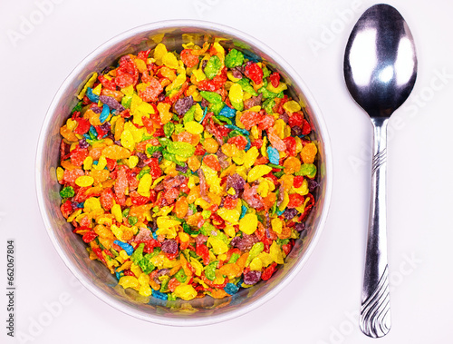 Photograph of a breakfast bowl featuring a colorful, crispy cereal and a metal spoon. 