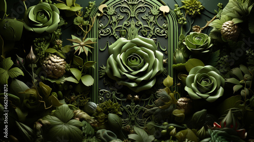 Beautiful green background with roses and cards in keyhole. generative ai