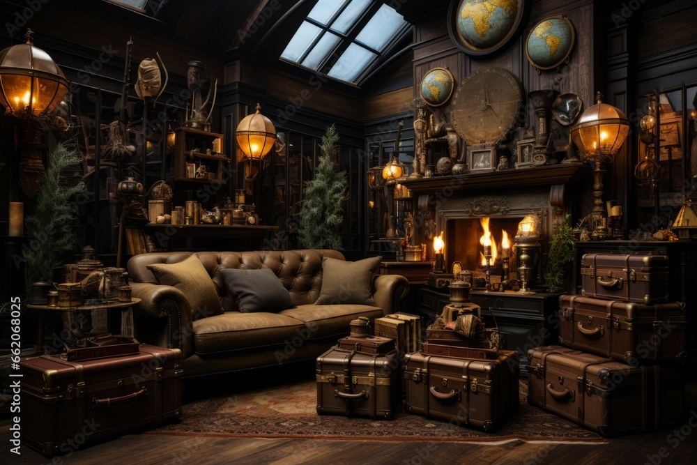Vintage detective's office with antique furniture, leather armchairs, and dim, moody lighting
