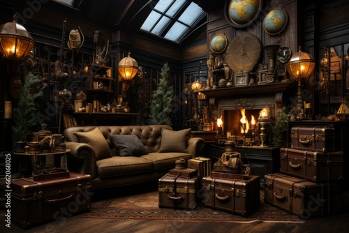 Vintage detective's office with antique furniture, leather armchairs, and dim, moody lighting photo