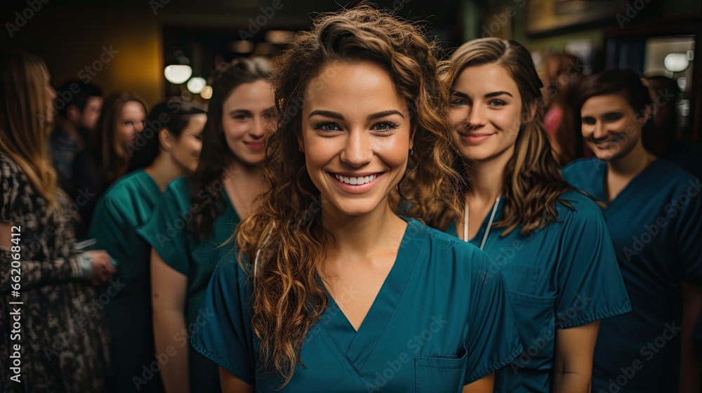 A group of individuals dons teal scrubs, suggesting they are medical professionals. At the forefront stands a woman with curly brown hair, radiating positivity, through her smile, nurse