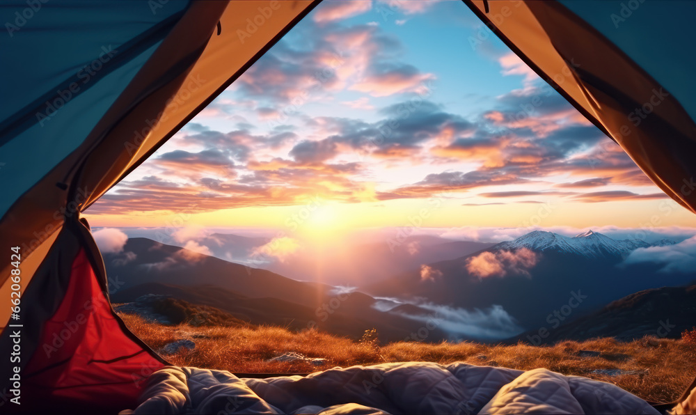 Beautiful view of serene mountain landscape from inside a tent