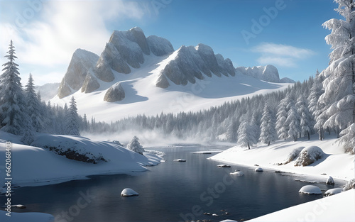 Beautiful winter landscape with a lake in the mountains © Preyanuch