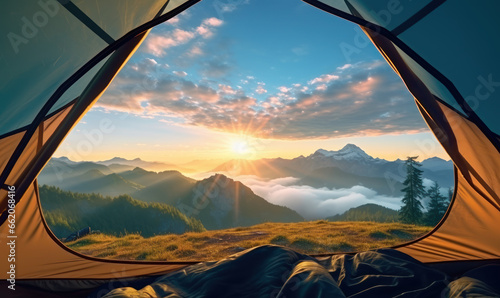 Beautiful view of serene mountain landscape from inside a tent