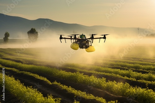 Spraying agricultural chemicals from a drone in the field. Generative AI