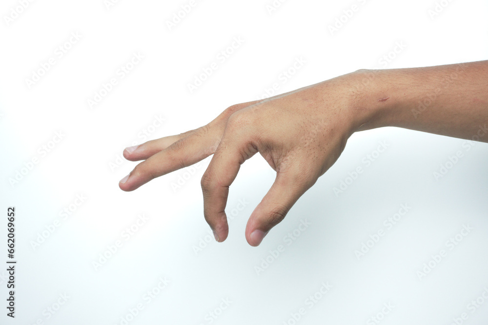 Hand making gesture while taking  something isolated. hand showing or holding something closeup. hand measuring invisible items. 