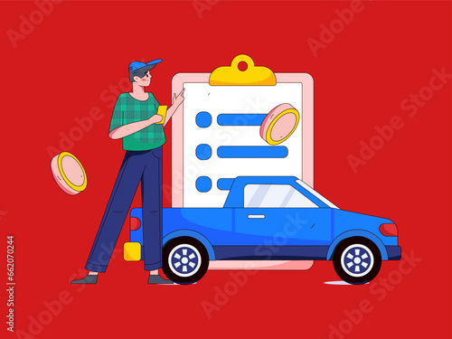 Vector internet operation hand-drawn illustration of people getting discounts for refueling the car
