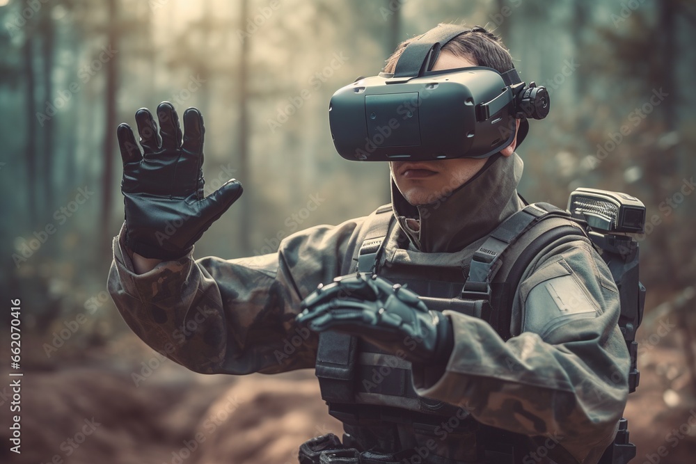 soldier wearing VR glasses virtual reality goggles training army in futuristic war battlefield; military simulation technology controlling robots at long distance using headset and mechanical gloves - obrazy, fototapety, plakaty 