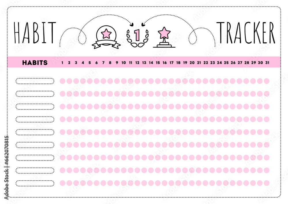 Habit tracker. Daily template habit diary for month. Journal planner with bullets. Vector illustration. Goal list in grafic style. Simple pink design. Habit tracker. Daily template habit diary for month. Journal planner with bullets. Vector illustration. Goal list in grafic style. Simple pink design.