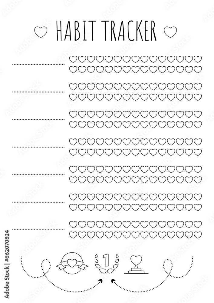 Habit tracker. Daily template habit diary . Journal planner with bullets. Vector illustration. Goal list with hearts. Simple design. Habit tracker. Daily template habit diary . Journal planner with bullets. Vector illustration. Goal list with hearts. Simple design.