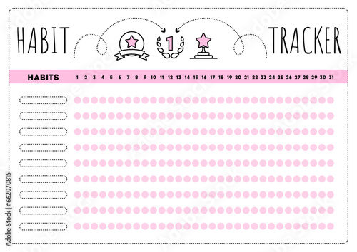 Habit tracker. Daily template habit diary for month. Journal planner with bullets. Vector illustration. Goal list in grafic style. Simple pink design. 