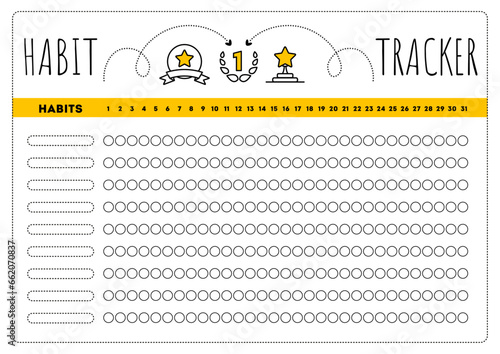 Habit tracker. Daily template habit diary for month. Journal planner with bullets. Vector illustration. Goal list in grafic style. Simple yellow design. 