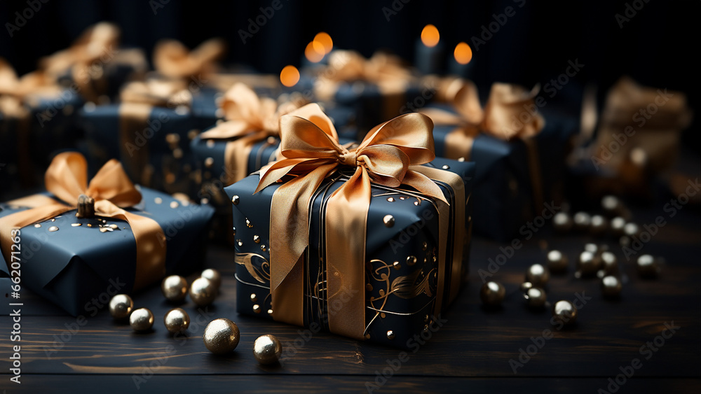 Wunderschöne gold schwarze Geschenke Box mit Lichter Bokeh im brillianten Glanzeffekt Querformat für Banner, ai generativ - obrazy, fototapety, plakaty 