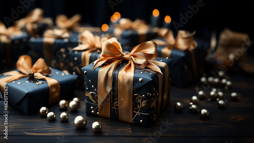 Wunderschöne gold schwarze Geschenke Box mit Lichter Bokeh im brillianten Glanzeffekt Querformat für Banner, ai generativ