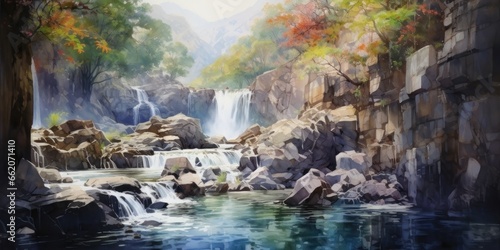 watercolor painting of waterfall  generative AI