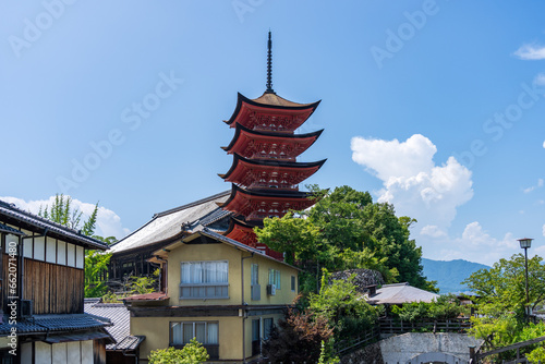 Five-storied Pagoda in the precincts of itsukushima shrine at daytime.