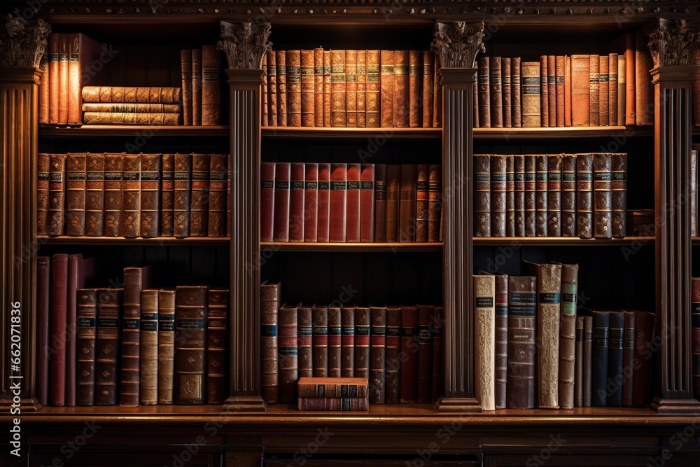 Rows of leather-bound classic books on an oak bookshelf with ambient lighting Rows of leather-bound classic books on an oak bookshelf with ambient lighting