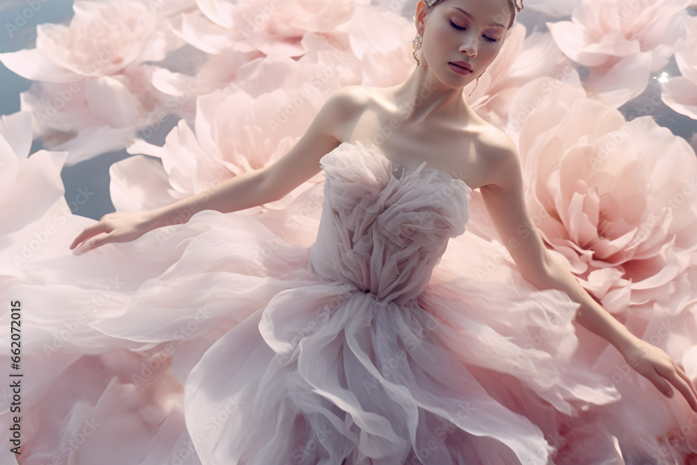 Aerial view, minimalist art, luminous and dreamlike scenes, huge transparent whirlwind of Sakura petals and flowers wrap the ancient Chinese ballerina lady in an elegant ballet pose in a river  - obrazy, fototapety, plakaty 