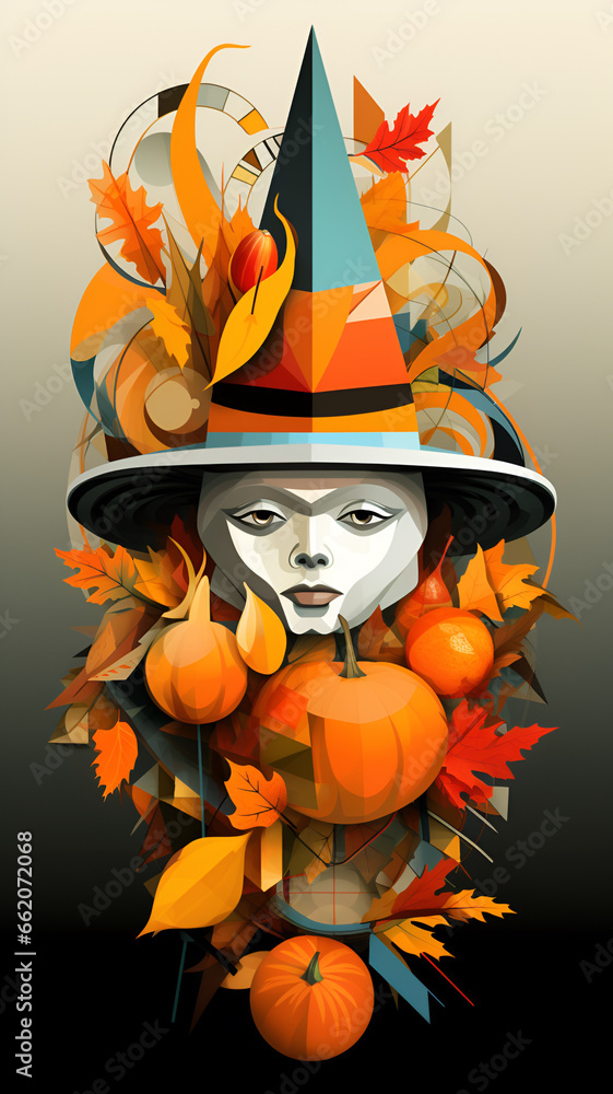 A pumpkin with a Thanksgiving hat on its head, is surrounded by other Thanksgiving symbols, such as turkey, cornucopias, and autumn leaves. geometric abstraction A pumpkin with a Thanksgiving hat on its head, is surrounded by other Thanksgiving symbols, such as turkey, cornucopias, and autumn leaves. geometric abstraction