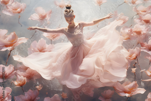 Aerial view, minimalist art, luminous and dreamlike scenes, huge transparent whirlwind of Sakura petals and flowers wrap the ancient Chinese ballerina lady in an elegant ballet pose in a river  #662072010
