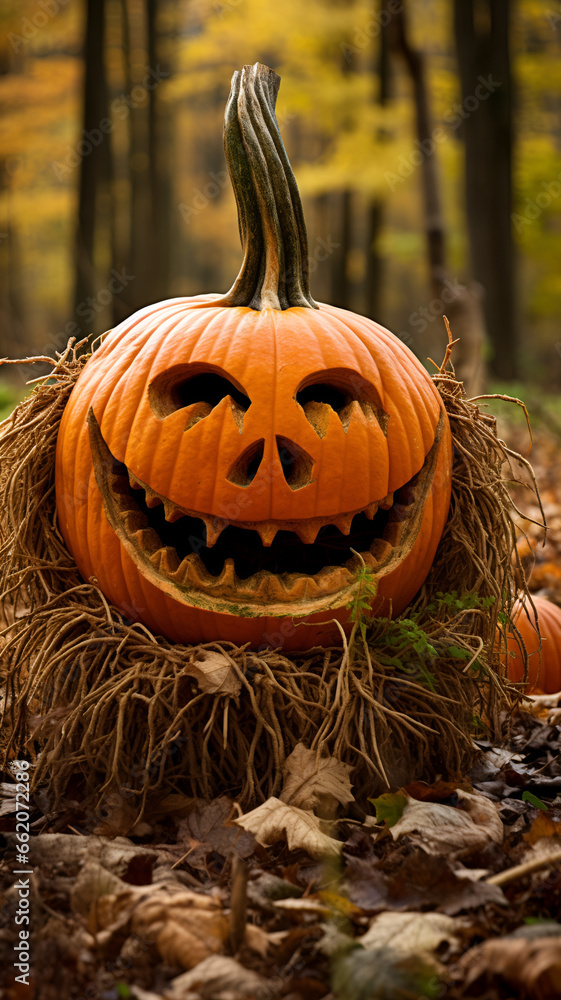 A close-up of a happy pumpkin with a big smile on its face, sitting in a field of autumn leaves. Thanksgiving card concept. A close-up of a happy pumpkin with a big smile on its face, sitting in a field of autumn leaves. Thanksgiving card concept.
