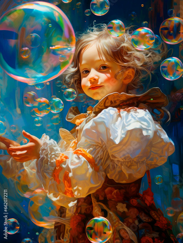 Cute little girl playing with bubbles. Illustration. Created with generative ai technology