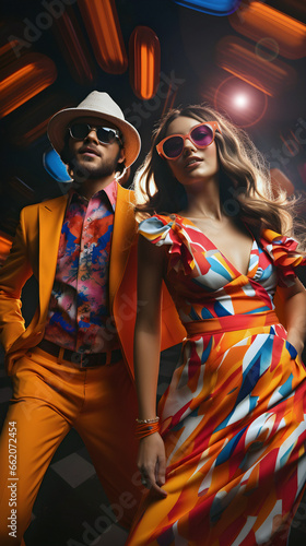 Stylish couple confidently walks through a club, flaunting their colourful retro 80s fashion and sunglasses