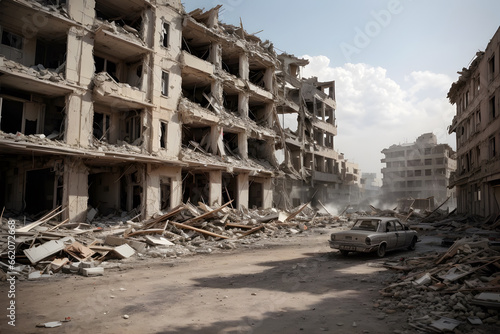 Collapsed buildings burning down during war