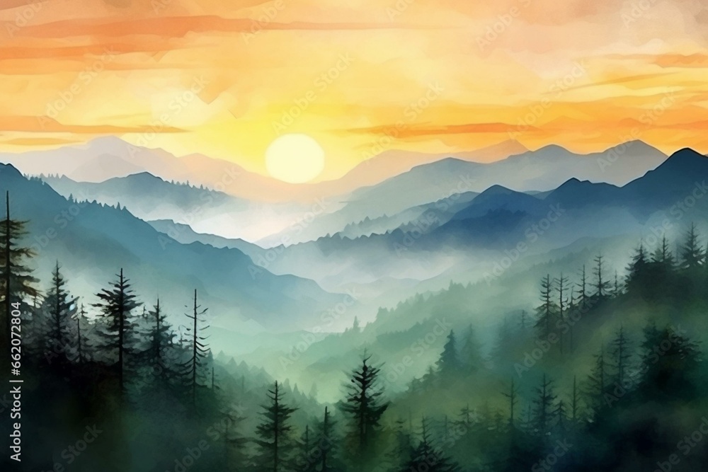Watercolor-style landscape of mountains and forests, painted nature. Generative AI
